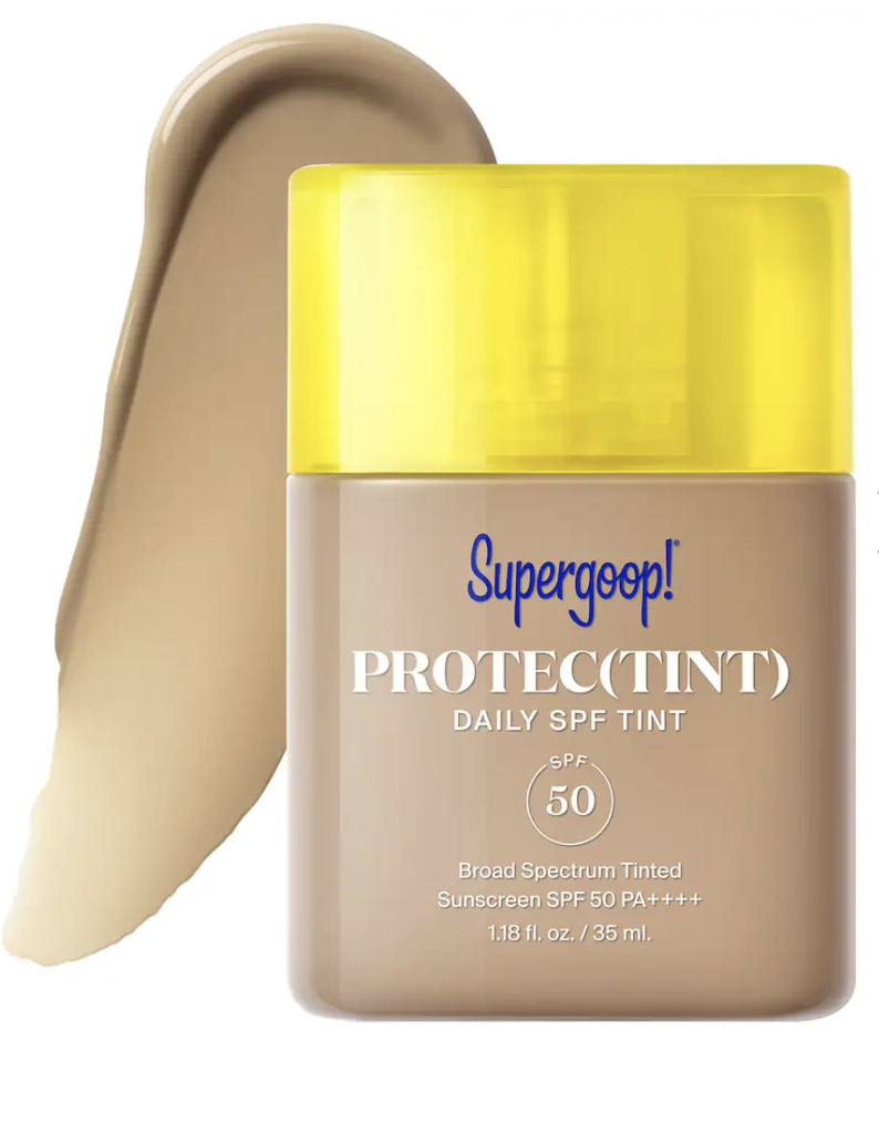 Supergoop! Protec(tint) Daily SPF Tint SPF 50 Sunscreen Skin Tint tube in clear and yellow packaging.